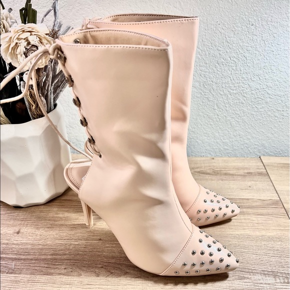 Nude Studded Booties with Lace Open Back - Picture 3 of 10